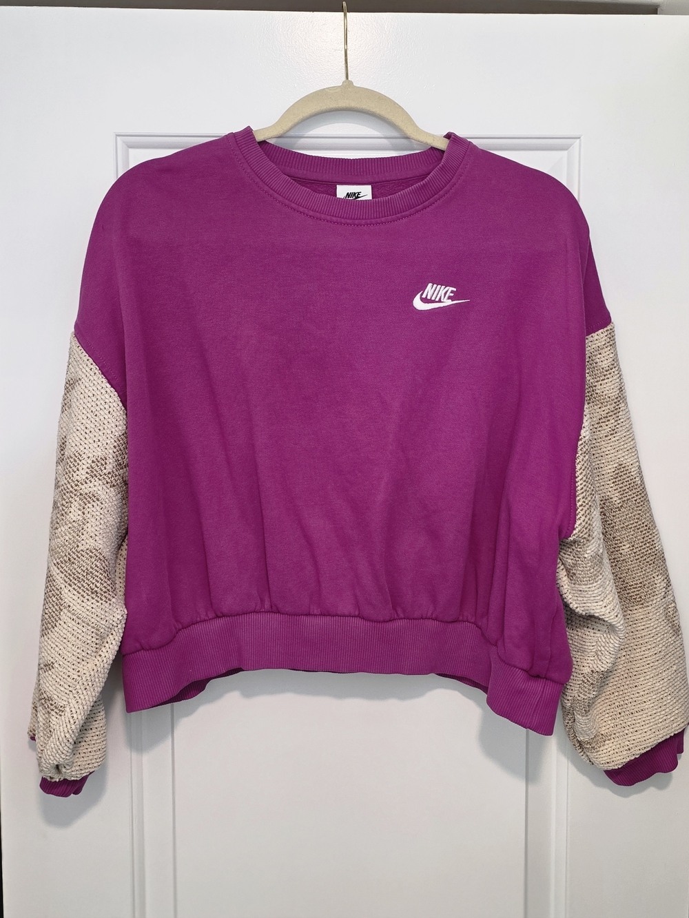 Repurposed Nike Women's Fuchsia Crop Top Sweatshirt with Neutral Knit Sleeves